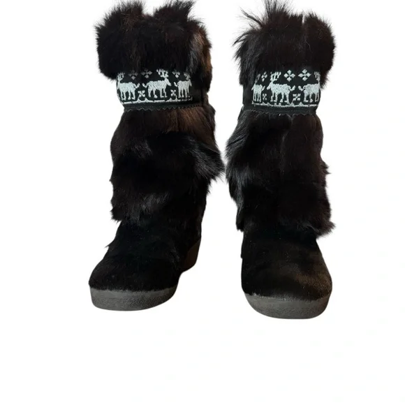 AUTHENTIC TECNICA BLACK FUR BOOTS WITH EMBROIDERED REINDEER 41 Italian/ US 9.5